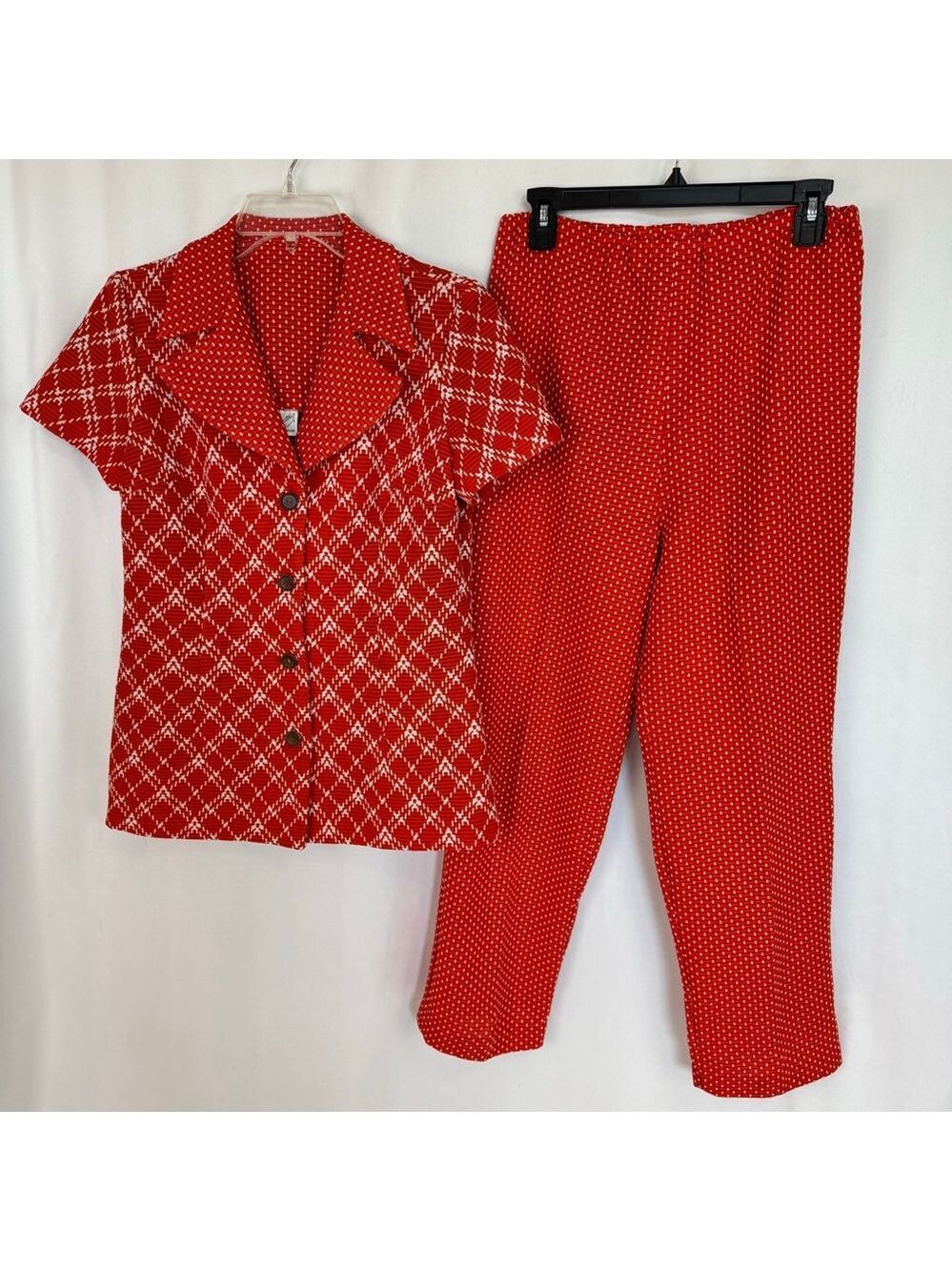1970's Orange Polka Dot Plaid Polyester Pants Suit Women M
Short Sleeve
